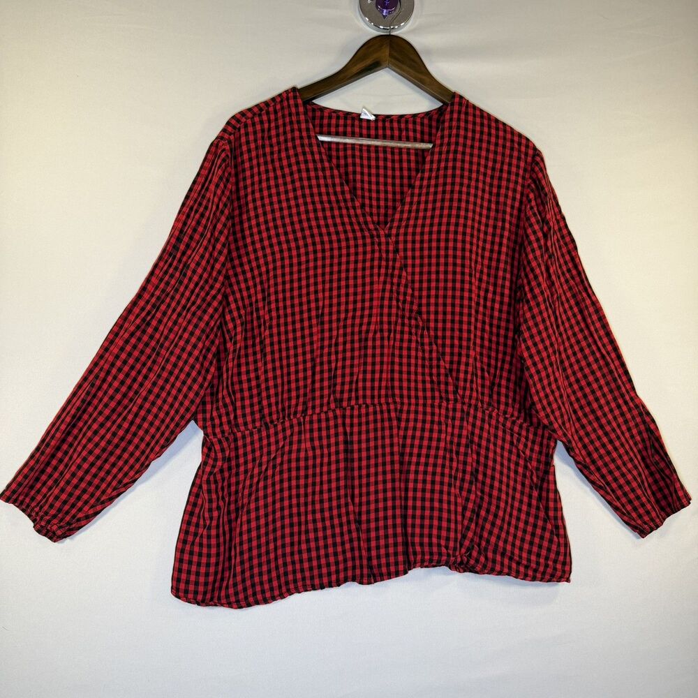 Old Navy Women Blouse XXL Red Plaid Peasant V-Neck Pullover Long Sleeve Stretch